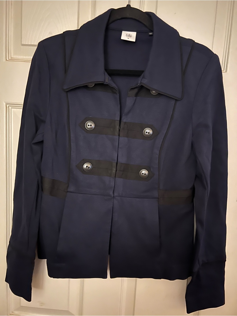 CAbi Navy Military-Style Double-Breasted Blazer with Black Trim